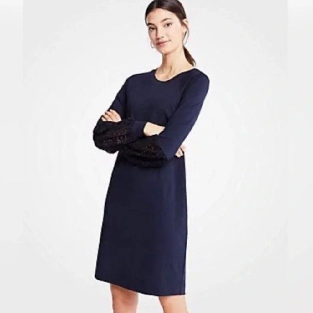 Ann Taylor Navy Lace Sleeve Shift Dress, Size XS